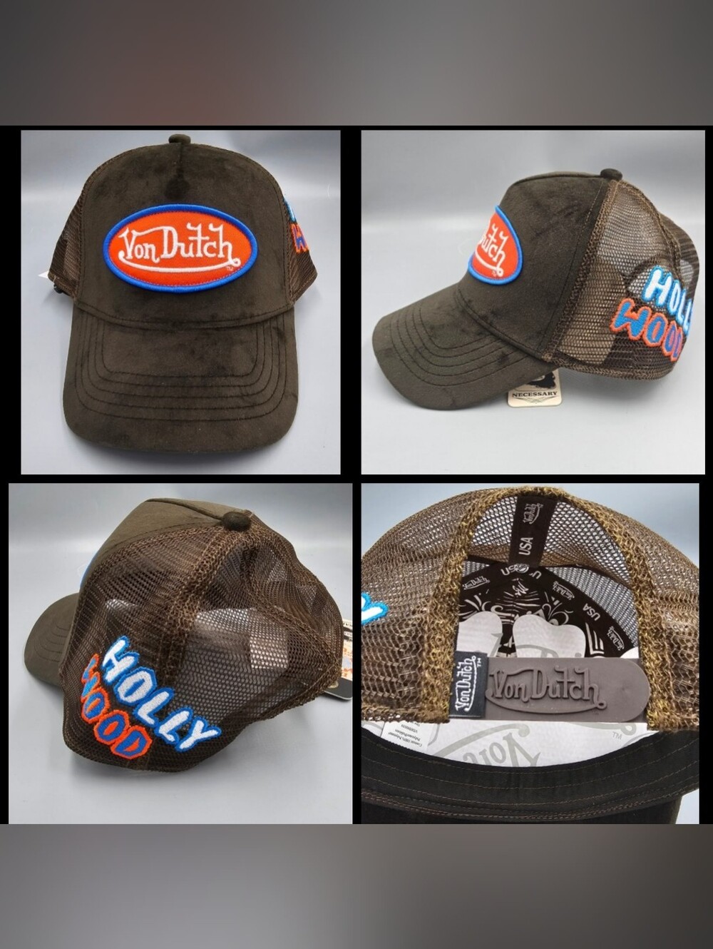 Von Dutch Hollywood Brown Velvet Trucker Hat with Red And Blue Logo